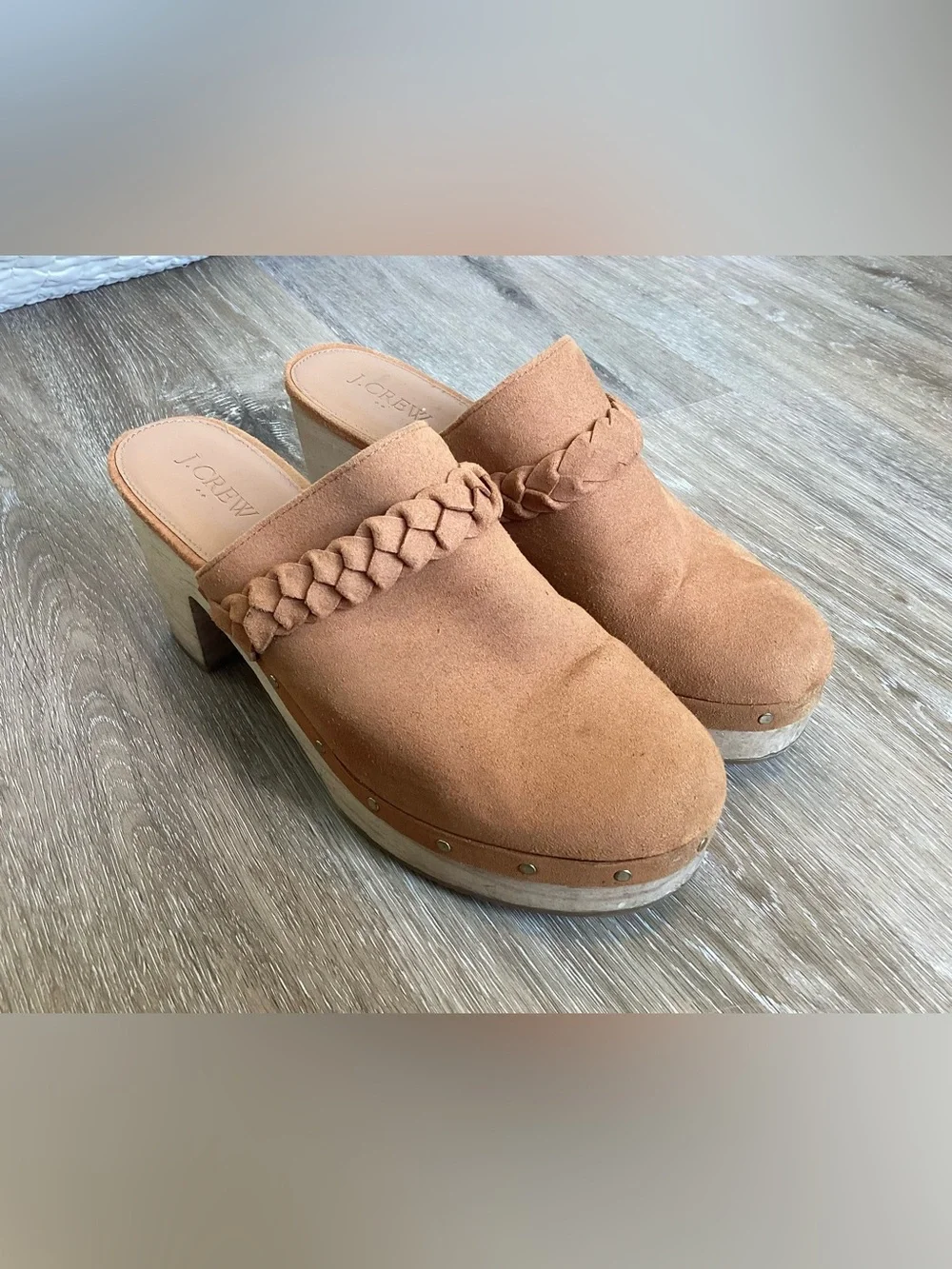 J.Crew Suede Platform Clogs size 8 Tan Boho 70s Western Braided Mules